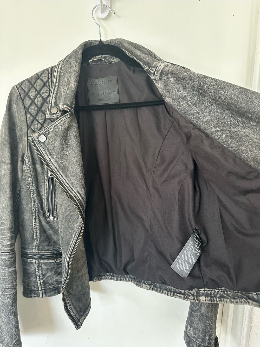 All Saints Vintage Cargo Biker Leather Jacket Intentionally Distressed Size 6 - Picture 6 of 7